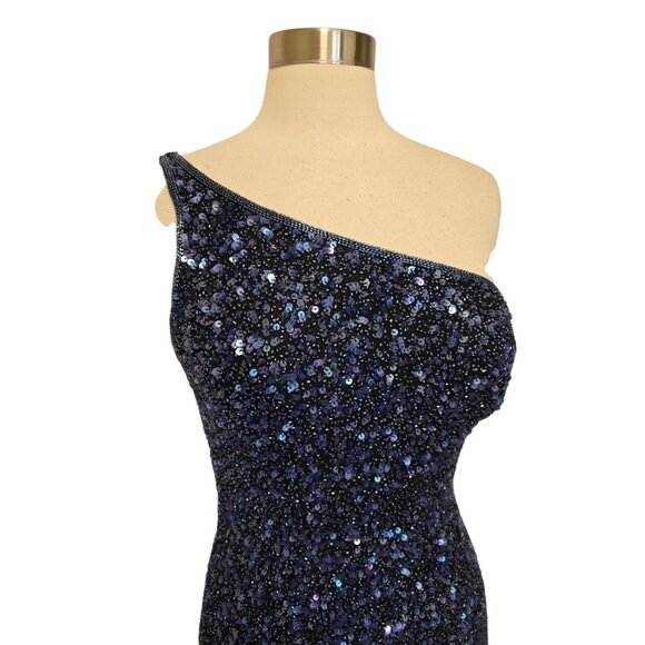 90s Vintage Fully Beaded Gown Blue Scala Size XL Silk One Shoulder - Picture 6 of 9